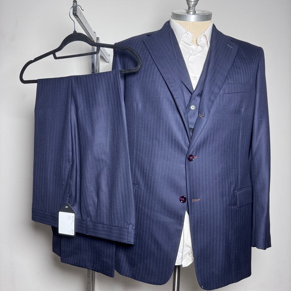 Suits & Co 3-Piece Suit Mens 48R 41x33‎ Navy Herringbone Wool Made to Measure
